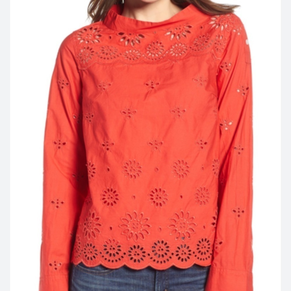 J Crew Rooster Mock Neck Eyelet Blouse Size 0